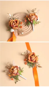 Kunstmatige rozen corsage en polsbloem set met gouden bladeren voor bruiloften en feesten.