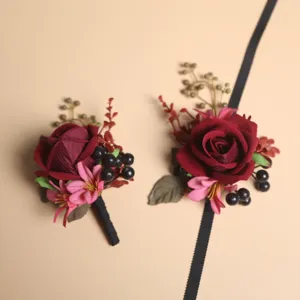 Kunstmatige rozen bloem corsage set met zwarte linten voor bruiloft bruidegom feest.