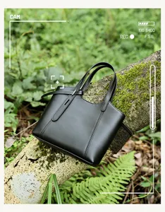 Genuine leather black tote bag, casual versatile fashion single shoulder crossbody bucket bag.