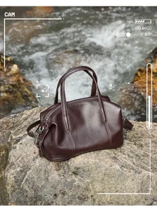 Echte rundleren Boston tas voor dames, stijlvolle kussentas handtas en crossbodytas.