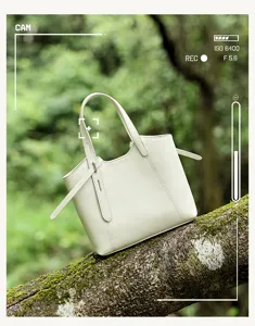 Minimalist genuine leather tote bag, chic bucket bag for women, casual daily shoulder bag.