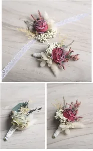 Handmade dried flower boutonniere and wrist corsage set for elegant wedding suit party decor.