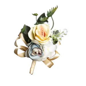 Artificial rose boutonniere detail view, wedding groom corsage and bridesmaid flower decor.