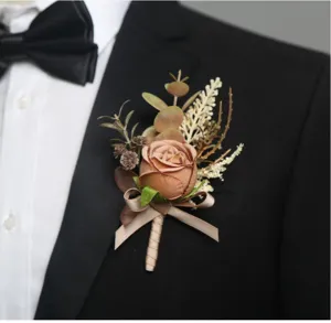 Korean style wedding groom boutonniere artificial rose flower brooch accessory for men