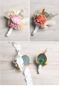 Handmade dried flower rose boutonniere for men wedding suit party decor detail shot view