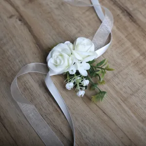 Artificial white rose wrist flower wedding bridesmaid corsage pearl ribbon decor