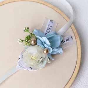 Elegante corsé de flor de muñeca de boda estilo coreano con flores artificiales azules