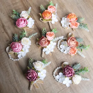 Handmade Artificial Rolled Rose Corsage And Wrist Flower Set European Style Wedding Bride Boutonniere Party Dress Decor Jewelry Accessories