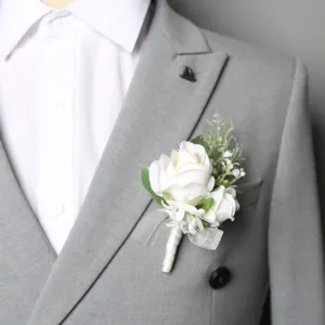 Blanc Rose Boutonnière Corsage Mariage Marié Garçons d'Honneur Fleur en Soie Artificielle Corsage de Poignet Fête de Mariage Décor