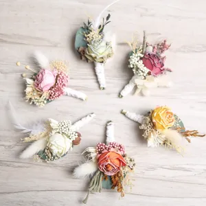 Wedding Boutonniere Corsage Artificial Rose Dry Flower Suit Brooch Pin For Men Women Party Banquet Wedding Ceremony