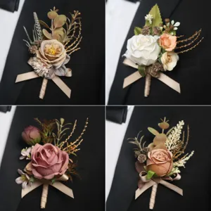 Korean Style Artificial Silk Rose Camellia Bud Wedding Corsage Wrist Flower Groom Best Man Flower Decoration