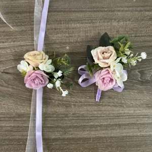 Artificial rose wrist corsage boutonniere set for wedding bridal bridesmaid party decor.