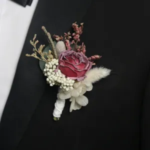 Elegant wedding boutonniere with artificial rose and dried flowers for men suit lapel pin.