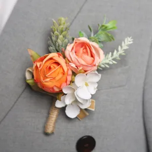Handmade artificial rose boutonniere wedding groom lapel pin suit floral corsage brooch