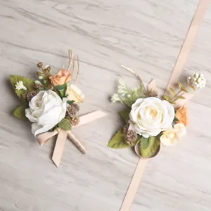 Korean style wedding wrist corsage and boutonniere set with artificial roses and ribbon.