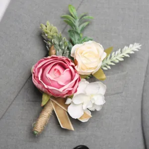 Handmade artificial rose boutonniere suit lapel pin wedding flower brooch for groom bride guests