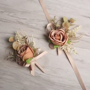 Korean style champagne rose wedding wrist flower and boutonniere set for bride and groom.