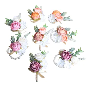 Artificial rose boutonniere and corsage set for wedding party, elegant floral suit brooch.