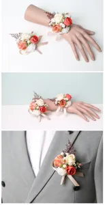 Artificial wedding wrist corsage and boutonniere set with roses and ribbons for brides.