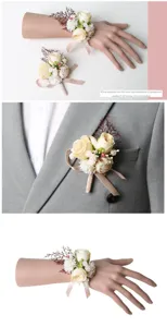 Detail view of champagne wedding wrist flower and suit corsage with roses and ribbons.