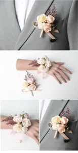 Elegant artificial rose wrist corsage and boutonniere set for wedding bridesmaid party decor