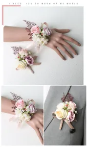 Artificial rose wedding wrist corsage and boutonniere set for bridal party.