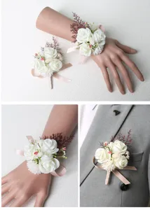 Exquisite artificial rose wedding wrist flower and matching suit corsage set for bridesmaids.
