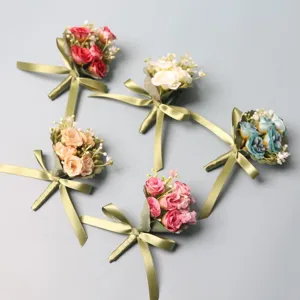 Artificial Rose Boutonniere Wedding Corsage Groom Groomsmen Flower Set Green Ribbon