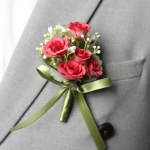 Artificial red rose flower corsage for wedding groom groomsman suit lapel decoration