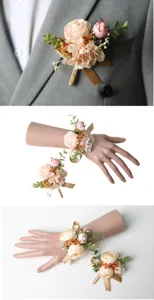 Artificial silk flower wedding boutonniere and wrist corsage set with champagne pink roses.