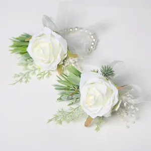 White artificial rose wedding wrist flower corsage set for bride and groom celebration decor