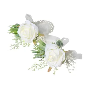 White artificial rose wrist corsage for wedding bridal party floral decoration accessory