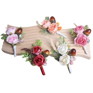 Artificial rose boutonniere set, rustic wedding groom bride corsage, floral lapel pin decor.