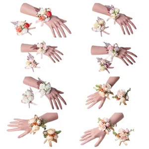 Artificial rose wrist flower bridesmaid corsage set for wedding party decorative accessories.