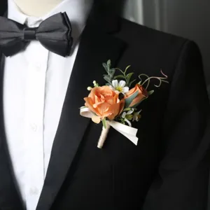 Elegant orange rose wedding boutonnière for men suit, artificial flower groom corsage pin.