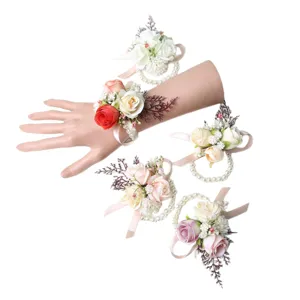 Artificial flower wrist corsage pearl bracelet bridesmaid wedding party floral accessory set