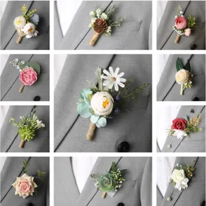 Aesthetic Forest Style Silk Flower Boutonniere Artificial Rose Greenery Lapel Pin Wedding Groomsmen Suit Decor Jewelry