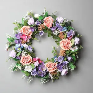 Künstlicher rosa lila Rosen Hortensien Blumenkranz für Haus Wand Tür Dekor Hochzeit Hängen Main