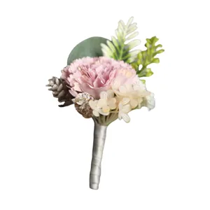 Elegant pink artificial flower wedding boutonniere groom corsage party suit lapel pin decor