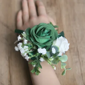 Corsage de poignet de rose artificielle vert et blanc pour mariage bracelet de fleurs