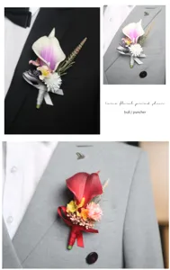 Elegant artificial calla lily boutonniere for wedding groom suit and formal party decor detail.