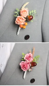 Detailed view of the artificial rose flower boutonniere for wedding groom suit decoration.