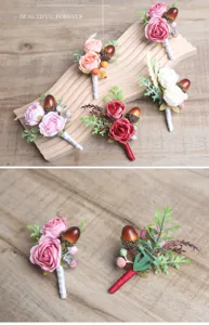 Artificial rose flower boutonniere detail, wedding groom bride corsage with pinecone and berries.