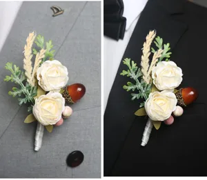 Artificial rose boutonniere wedding corsage groom best man suit lapel flower decoration.