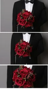 Westlicher minimalistischer künstlicher roter Rosen Braut Hochzeits Handstrauß Foto.
