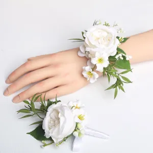 Blanc Mariage Fleur de Poignet Corsage Rose Artificielle Fleur de Soie Mariée Demoiselle d'Honneur Boutonnière Fête