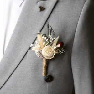 Rustic dried flower boutonniere for wedding groom lapel pin, handmade natural floral accessory.