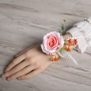 Fiore da polso in rosa artificiale per matrimonio sposa damigella corsetto con perle.