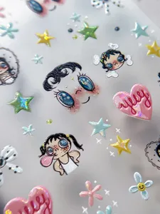 3D lindo dibujo animado muñeca pegatinas de uñas chica lazo flor relieve calcomanías de manicura