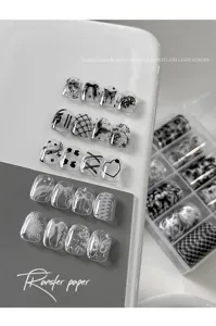10-grid nail transfer paper set black white bow plaid floral DIY sticker press-on nail
